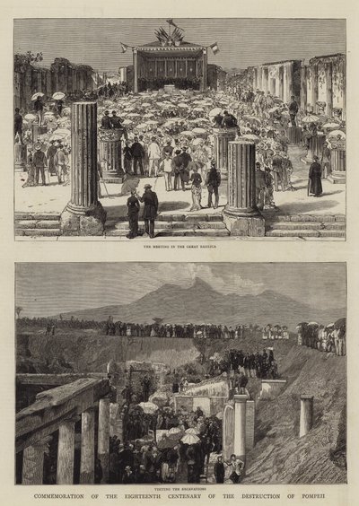 Åminnelse av artonhundraårsminnet av förstörelsen av Pompeji (gravyr) av English School