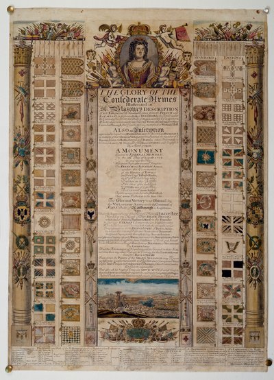 Jubileumsdiagram som visar standarder fångade från fransmännen efter slaget vid Blenheim, ca 1704 (färgad linjegravering) av English School