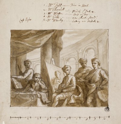 Company of Painters, c.1719 (borste & brun tvätt, över grafit, på elfenbenspåverkat papper) av English School