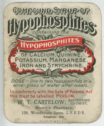Compound Sirap of Hypophosphites etikett, tidigt 1900-tal (färg litho) av English School