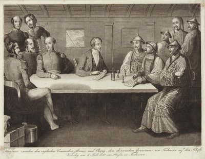 Konferens på Chusan mellan Commodore Bremer och en kinesisk tjänsteman på HMS Wellesley 4 juli 1841 av English School