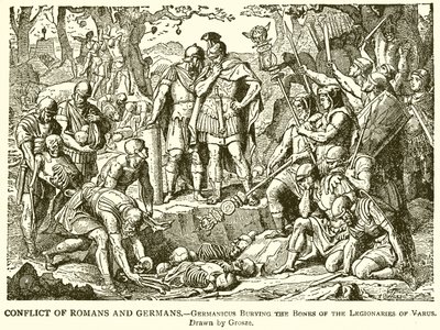 Konflikt mellan romare och tyskar.--Germanicus begraver benen av Varus legionärer av English School