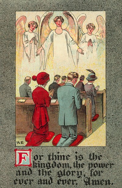 Församling som reciterar Herrens bön (färg litho) av English School