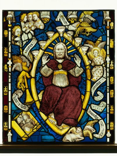 Bevarad panel från Great East Window på York Minster: "God in Majesty" av English School