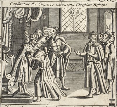 Kejsaren Constantin omfamnar kristna biskopar, illustration från Acts and Monuments av John Foxe, nionde upplagan, pub. 1684 av English School