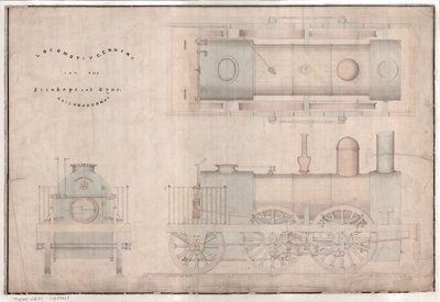 Konstruktionsritning, 0-4-2 lokomotiv och tender av R. och W. Hawthorn and Co. för Stanhope and Tyne Railway Co. av English School