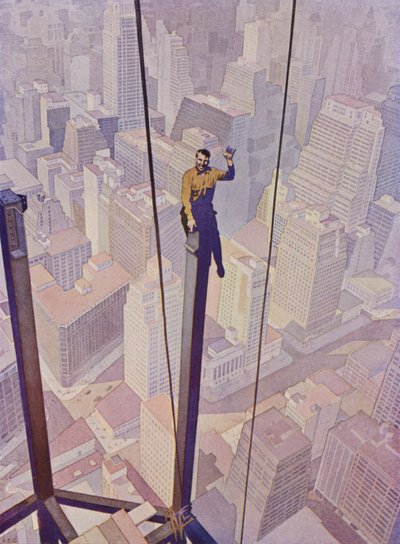 Byggnadsarbetare på stålramen av en skyskrapa högt över gatorna i New York City, New York, USA (färg litho) av English School