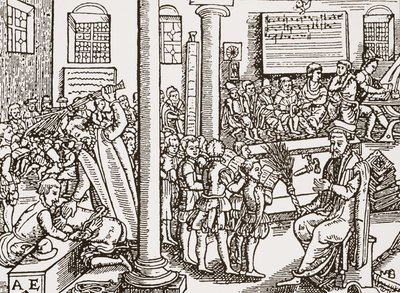 Samtida träsnitt av en gymnasium i Tudor av English School