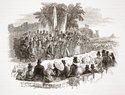Tävling om guldharpan på Royal Denbigh Eisteddfod, innan H.R.H. hertigen av Susses 1828 (stålstick) av English School