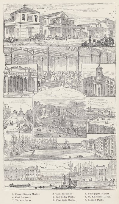 Convent Garden Market, Corn Exchange, Billingsgate Market, Coal Exchange, East India Docks, St Katherine Docks, Victoria Docks, West India Docks, London Docks (gravyr) av English School