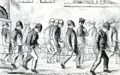 Fångar som tränar i Pentonville Prison, från "The Criminal Prisons of London and Scenes of Prison Life" av Henry Mayhew och John Binny, 1862 av English School