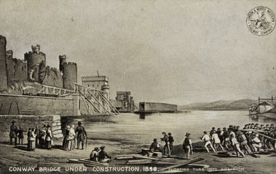 Conway Bridge under konstruktion, 1848 av English School