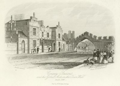 Conwy Station och den gotiska bågen i stadsmuren, byggd 1847 av English School
