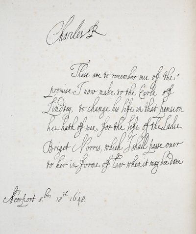Kopia av ett brev skrivet av Karl II, 1648 av English School
