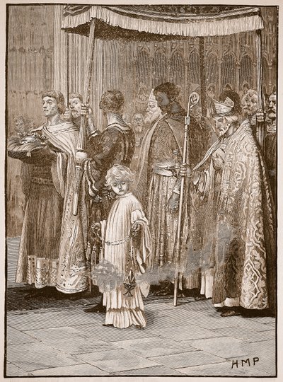 Kröning av Richard i Westminster Abbey: processionen längs gången, illustration från Cassells Illustrated History of England (sepiafoto) av English School