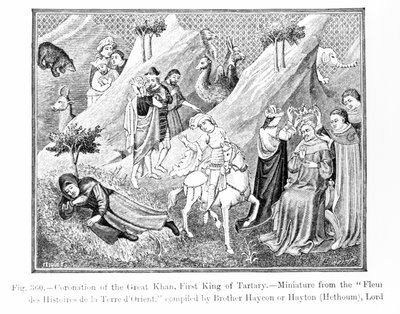 Kröning av den store Khan (Kublai Khan) (1214-94) Förste kung av Tartary, från Fleur des Histoires de la Terre dOrient, sammanställd av Hayton (d.1271), illustration från Science and Literature i t. av English School