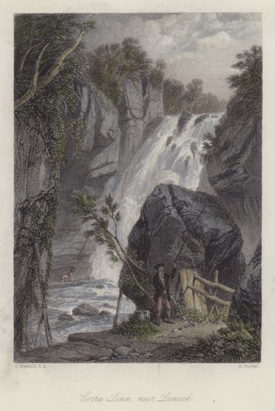 Corra Linn, nära Lanark, Skottland (färgad gravyr) av English School