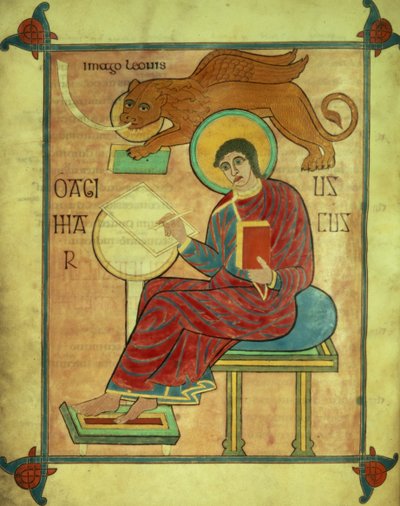 Cott Nero DIV f.93v St. Markus sittande med sin symbol, från Lindisfarne-evangelierna, 710-721 (vellum) av English School