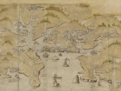 Bomull Augustus I. i. 38 Karta över kusten mellan Fowey och Salcombe, inklusive Plymouth. Del av en panoramakarta över kusten från Lands End till Exmouth, ca 1539 (bläck & färg på veläng) av English School