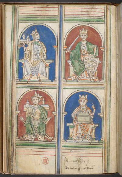Cotton Claudius D VI f.9v Four Kings of England: Henry II, Richard I, John and Henry III from The Kings of England from Brutus to Henry III, by Matthew Paris, c.1250-59 (vellum) av English School
