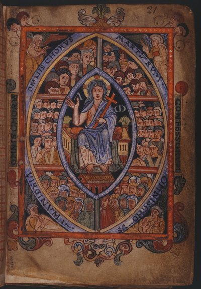 Cotton Galba A. XVIII, f.21 Kristus tronade med körer av martyrer, biktfader och jungfrur av English School