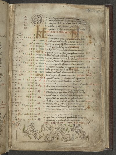 Bomull Julius A. VI, f.5, kalendersida för maj: Herdar och flock (vellum) av English School