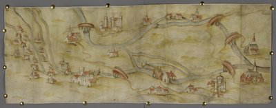 Cotton MS Augustus I i 65 Karta över floden Trent och dess bifloder mellan Nottingham och Newark, ca 1540 (penna och bläck med akvarell på papper) av English School