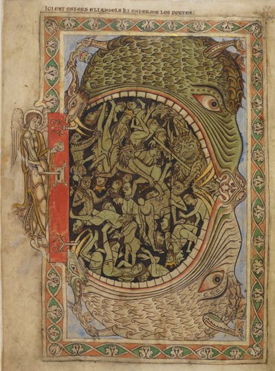 Bomull Nero C IV f.39 Helvetets käftar fästa av en ängel, från Henriks psalter av Blois, c.1121-61 (vellum) av English School