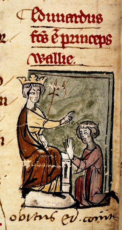 Cotton Nero D. II, f.191v Edward av Caernarvon (Edward II) skapade Prince of Wales och Earl of Chester av sin far, kung Edward I, vid Lincolns parlament, 7 februari 1301, från "Chronica Roffense", av Matthew Paris (vellum) av English School