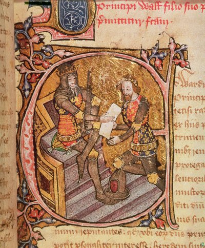 Bomull Nero D VI fol.31 Edward III beviljar den svarte prinsen furstendömet Aquitaine av English School