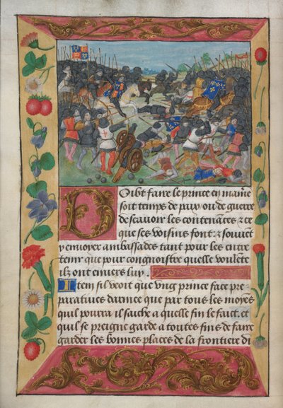 Bomull Vespasianus A xvii, f.13v, Kungen av England reste sig på en vit häst, jagande den flyende kungen av Frankrike, från Robert de Balsacs Manual on Warfare for the Instruction of a Prince, c.1490s (vellum) av English School