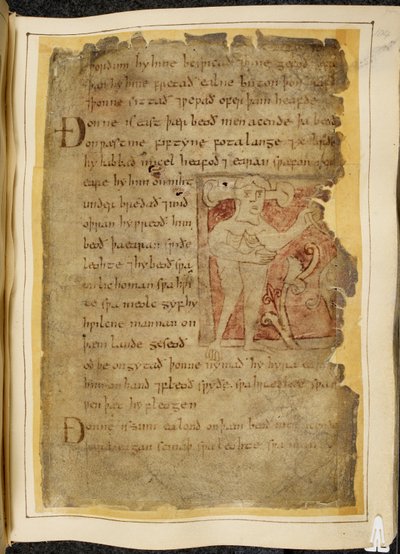 Cotton Vitellius A. XV f.104r, A panotii, d.v.s. en man med öron utskjutande på stjälkar, som håller ett föremål som ser ut som en båge, illustration från Beowulf, från 