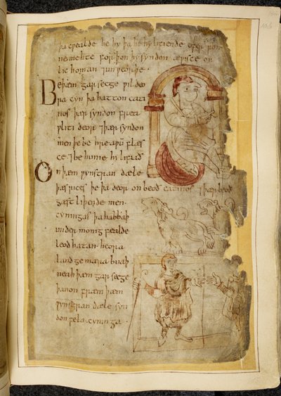 Cotton Vitellius A. XV f.106r, En man sittande på en kudde under en båge; två catini, odjur med öppen mun som hundar; en klädd man med en stav, sträcker ut sin hand till en annan man, illustration från Beowulf, från 