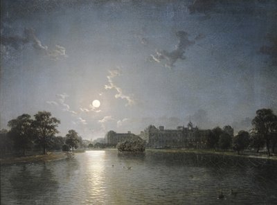 Country House across a Lake by Moonlight, ca 1850 (olja på duk) av English School