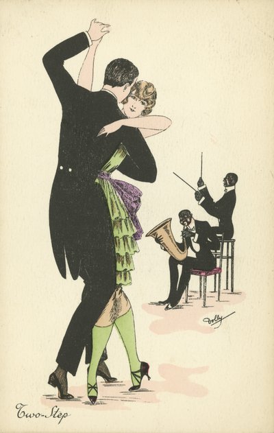 Par som dansar Two Step (färg litho) av English School