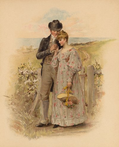 Uppvaktande par på promenad på landsbygden (kromolitho) av English School