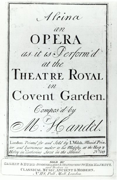 Omslag till notblad för Alcina, en opera av Händel, publicerad 1735 av English School
