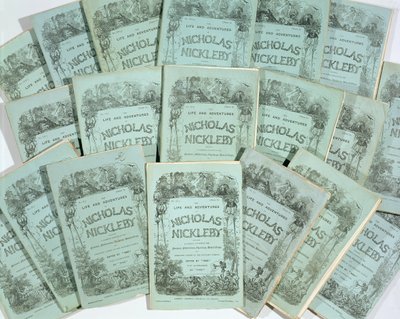 Omslag från Monthly Issues of The Life and Adventures of Nicholas Nickleby av Charles Dickens (1812-70), publicerade 1839 (se 136075) av English School