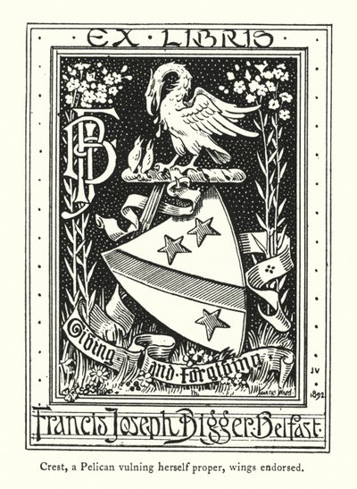 Crest, en pelikan som på ett riktigt sätt vulgar sig, vingar påskrivna (gravyr) av English School