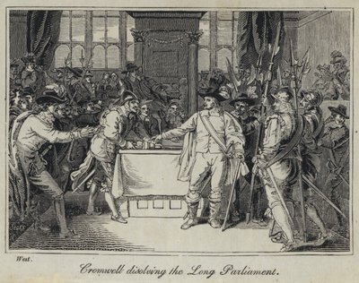 Cromwell upplöser det långa parlamentet (gravyr) av English School