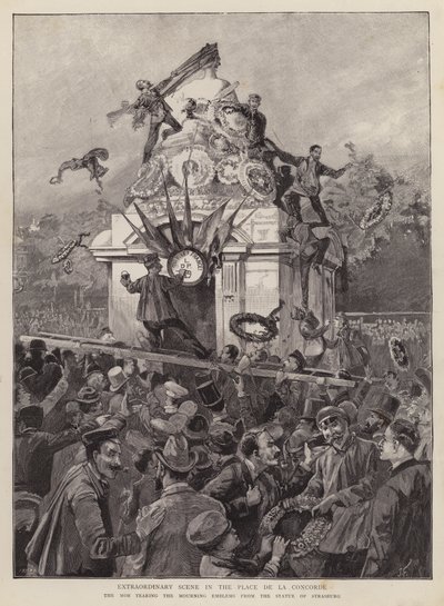 Folkmassor som river sorgemblem från statyn av Strasbourg på Place de la Concorde, Paris av English School
