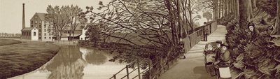 Croydon: Bridle Path to Beddington vid floden Wandle, Waddon Mills (litho) av English School