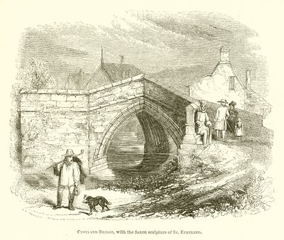 Croyland Bridge, med den saxiska skulpturen av St. Ethelred (gravyr) av English School