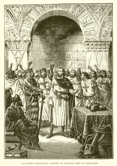 Korsfarare som utropar Godfrey av Bouillon till kung av Jerusalem av English School