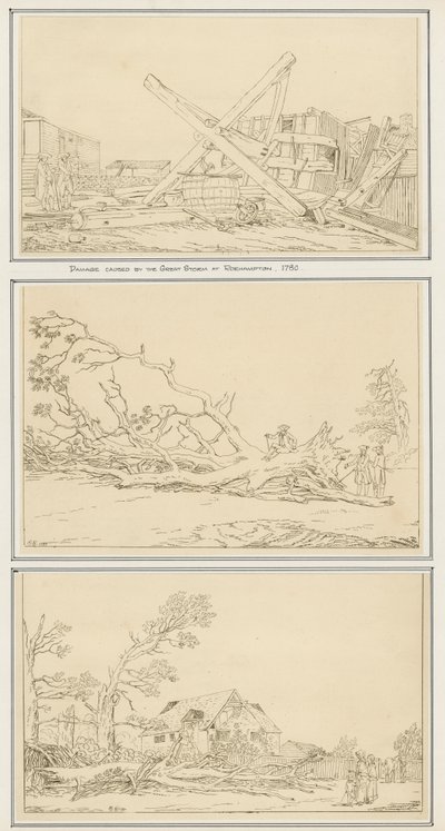Skador orsakade av den stora stormen i Roehampton, 1780 (bläck på papper) av English School