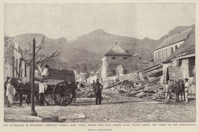 Skador på Rempart Street, Port Louis, orsakade av 1892 Mauritius cyklon (litho) av English School