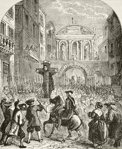 Daniel Defoe i skampålen vid Temple Bar, från "The National and Domestic History of England" av William Hickman Smith Aubrey (1858-1916), utgiven i London, omkring 1890. av English School