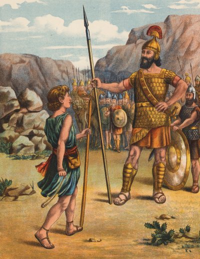 David och jätten Goliat (färglitografi) av English School