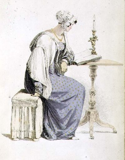 Dagklänning, modetallrik från Ackermanns Repository of Arts (färgad gravyr) av English School