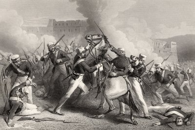 Brigadier Adrian Hopes död i attacken mot Fort of Roodmow, 15 april 1858, från "The History of the Indian Mytery" publicerad 1858 av English School